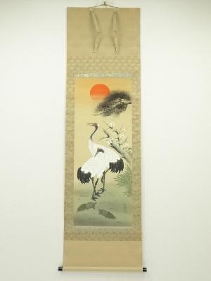 JAPANESE HANGING SCROLL / HAND PAINTED / CRANES & TURTLE 